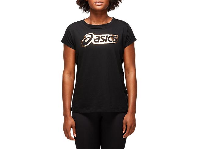 Black Asics Logo Women's Short Sleeve Tops | WJRP-46392