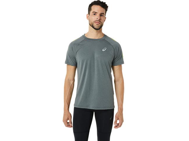 Dark Grey / Light Green Asics Stripe Men's Short Sleeve Tops | JRKD-37254