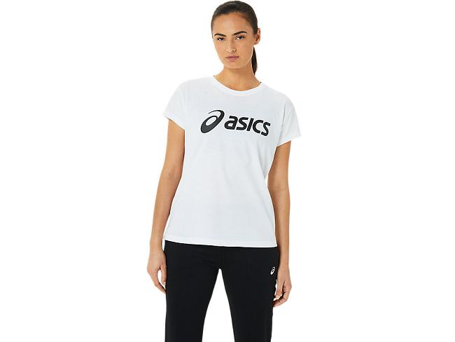 White / Black Asics Logo Women's Short Sleeve Tops | WFZA-75326