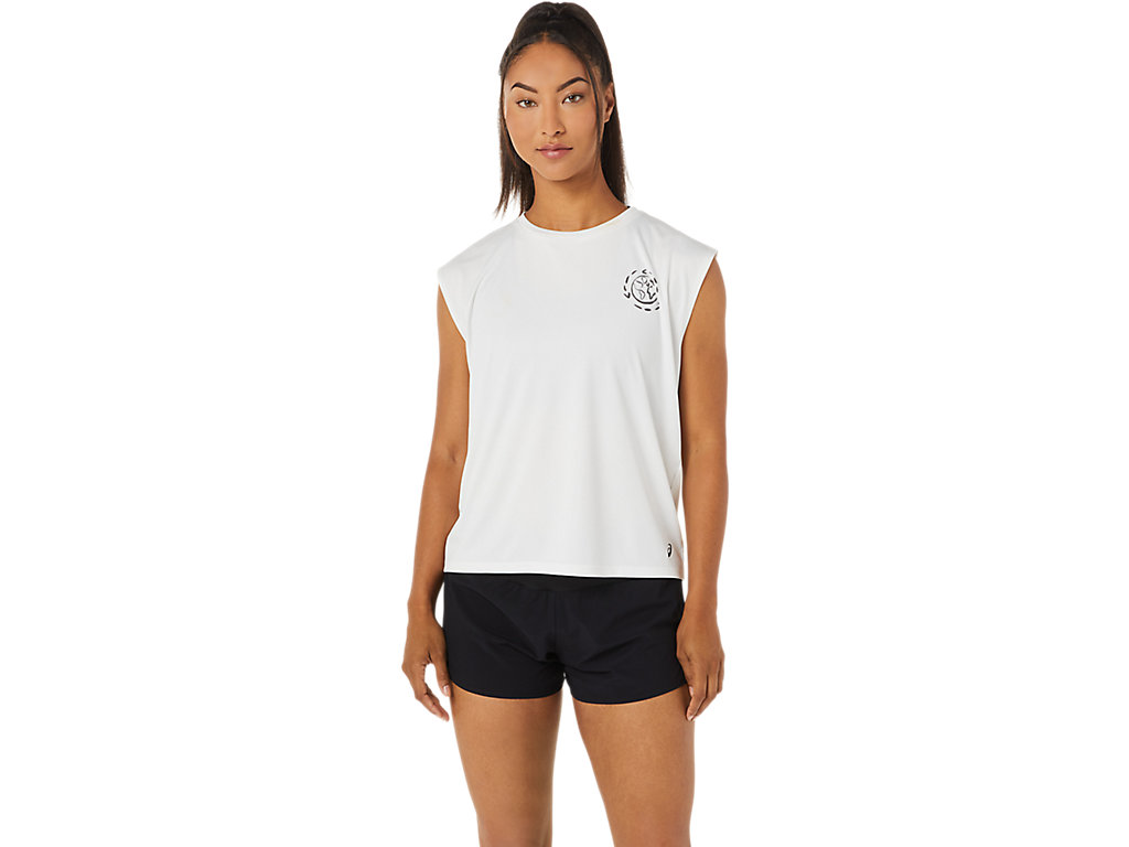 Beige White Asics Ocean Waste Run Women\'s Short Sleeve Tops | QWRV-92346