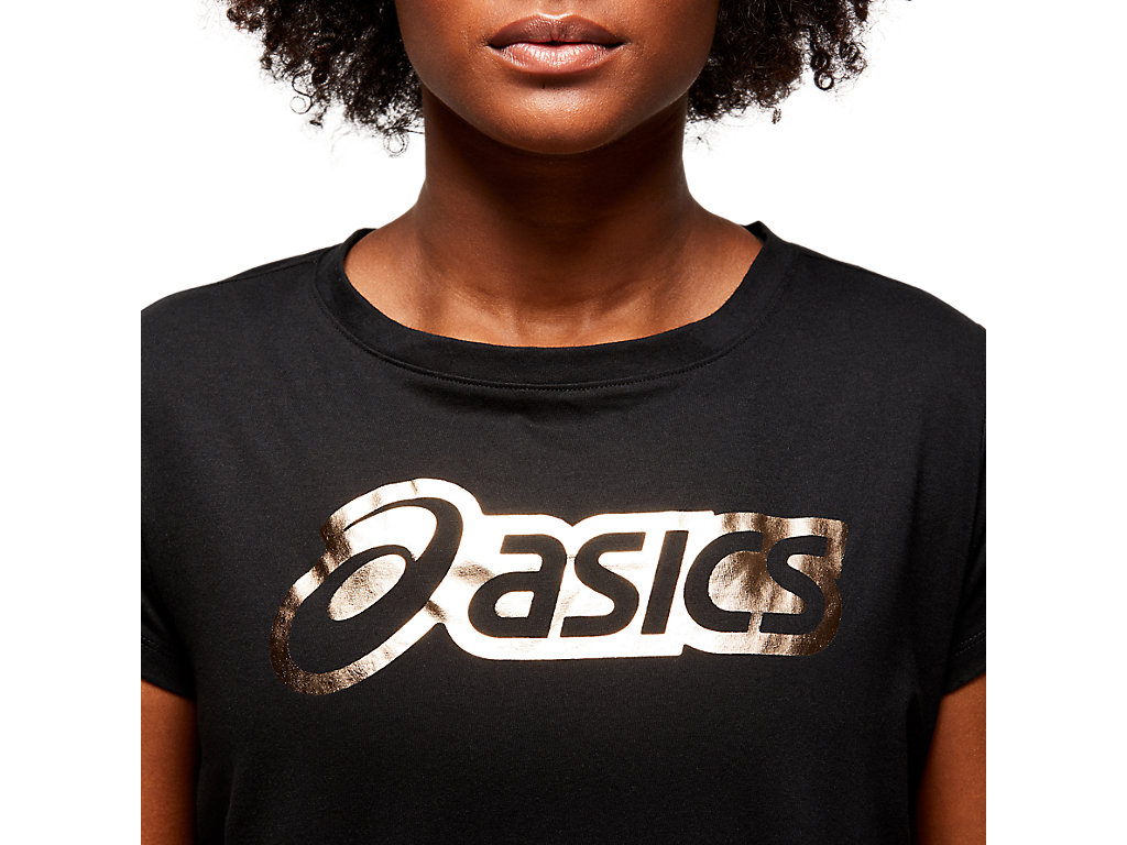 Black Asics Logo Women's Short Sleeve Tops | WJRP-46392