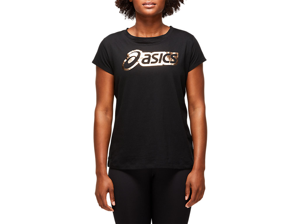 Black Asics Logo Women\'s Short Sleeve Tops | WJRP-46392