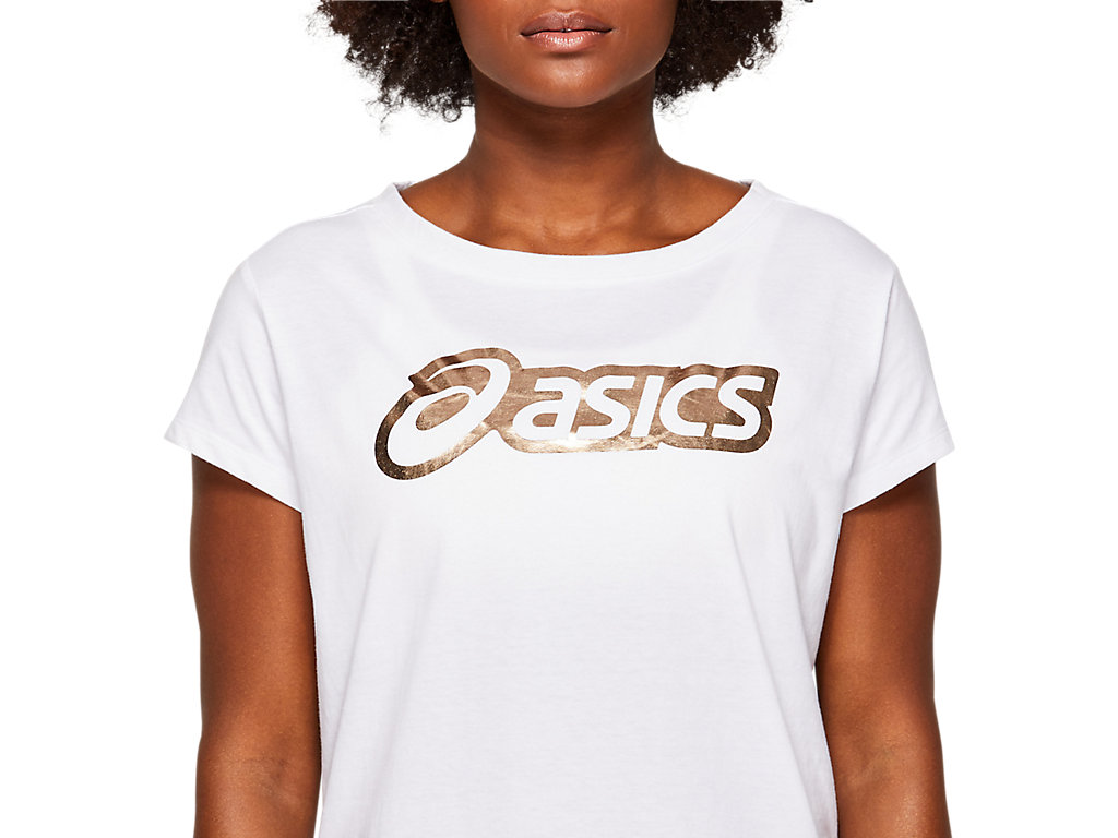 White Asics Logo Women's Short Sleeve Tops | BDQF-32951