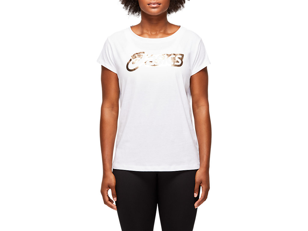 White Asics Logo Women\'s Short Sleeve Tops | BDQF-32951